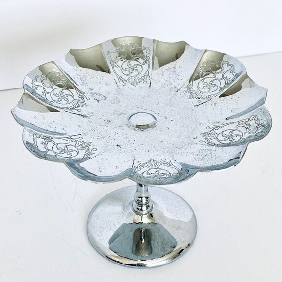 Farberware Krome Kraft Art Deco Pedestal Candy Dish Scalloped Chrome Plated Vtg - Picture 12 of 12